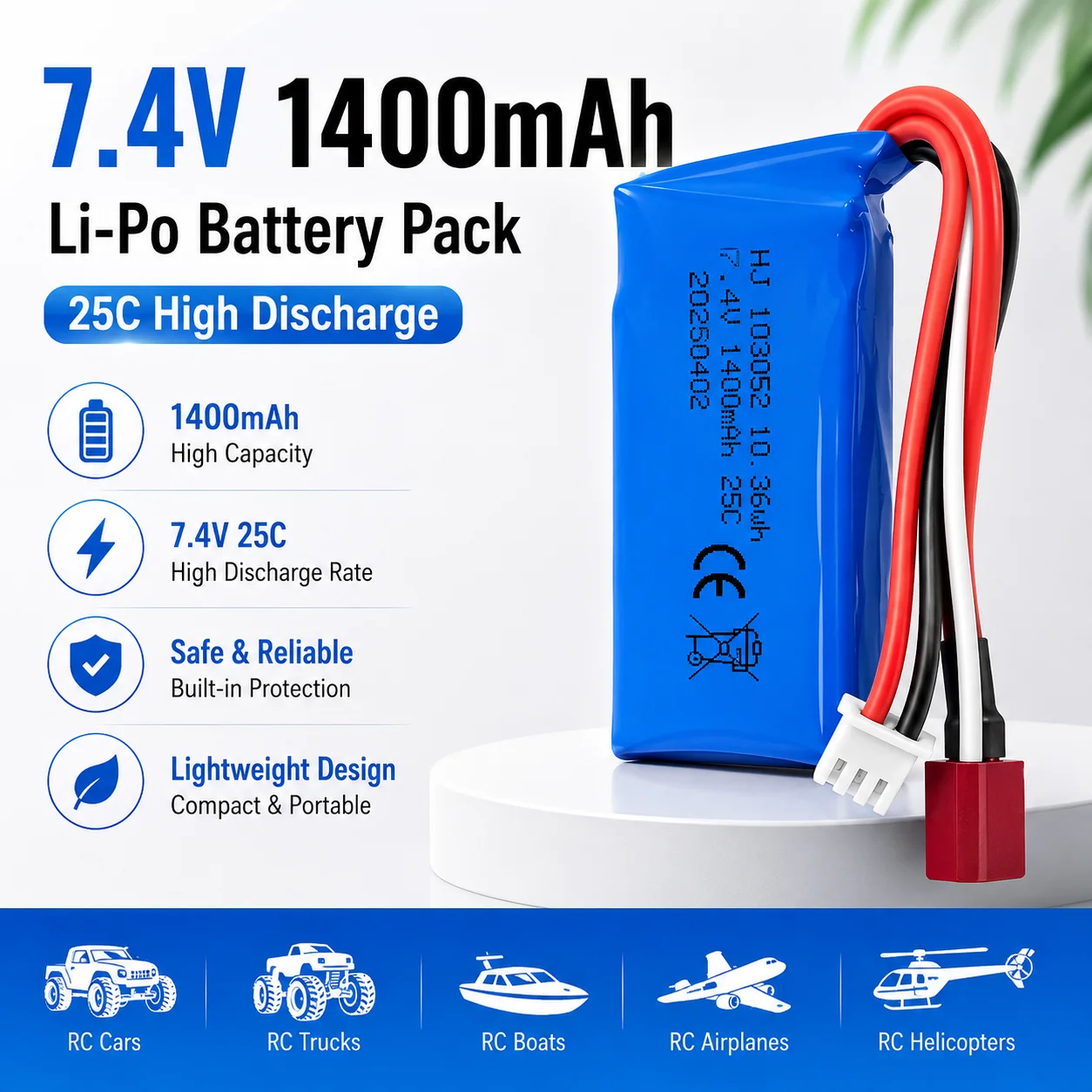 7.4V 1400mAh 103052 25C 2S LiPo Battery with T Plug for Wltoys A959-B A969-B A979-B K929-B RC Car Battery
