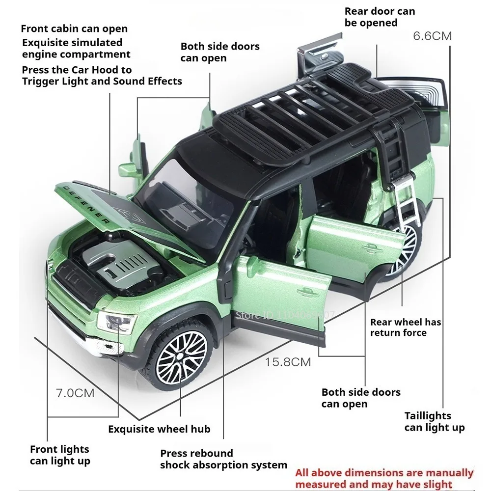 1:32 Land Defender Range Rover Model Speelgoedauto Legering Diecast Geluid Licht Deur Geopend Trek Simulatie Terreinwagen voor Kid