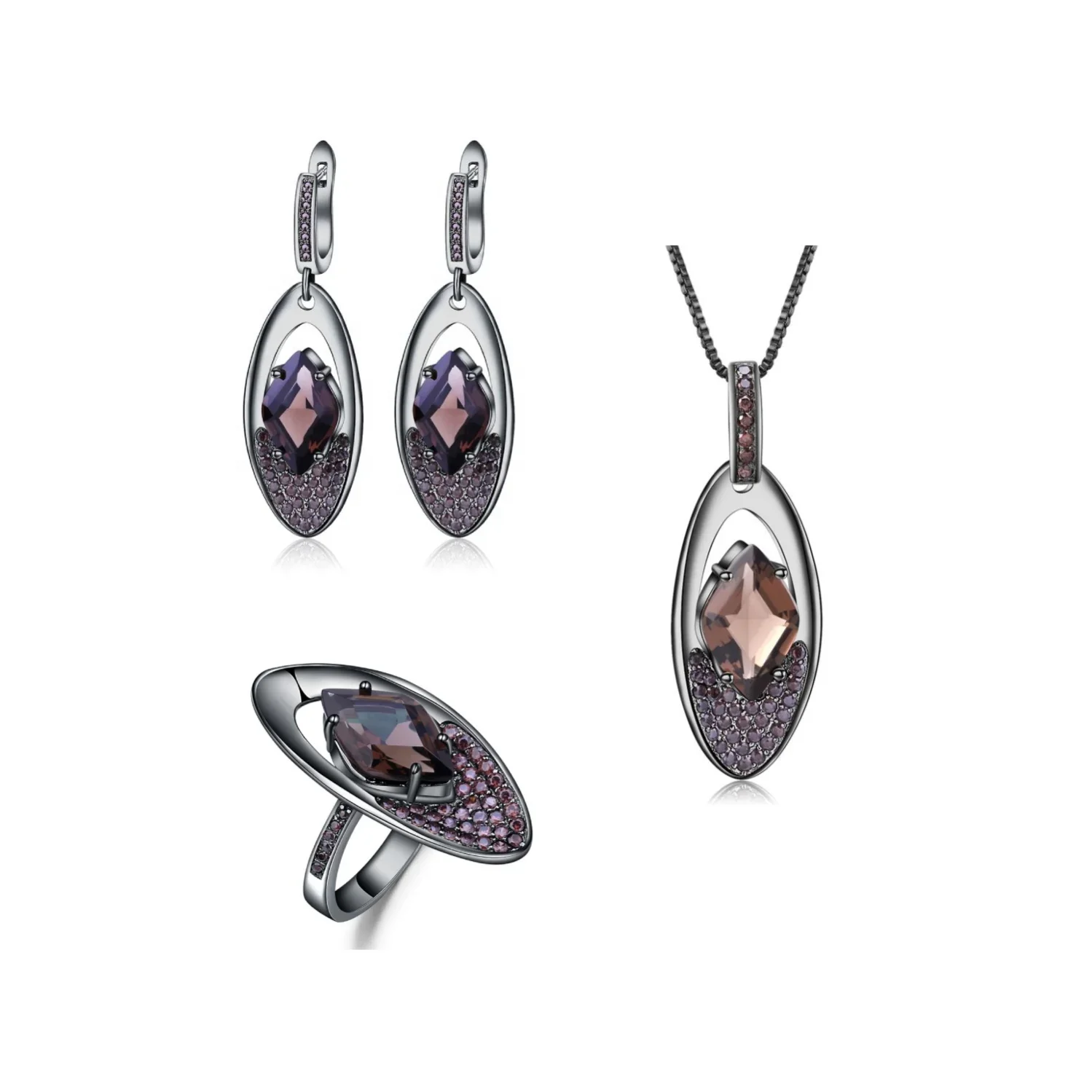 

Уникальный дизайн, серебряный кулон необычной огранки из натурального дымчатого кварца, ожерелье, кольцо, комплект ювелирных изделий