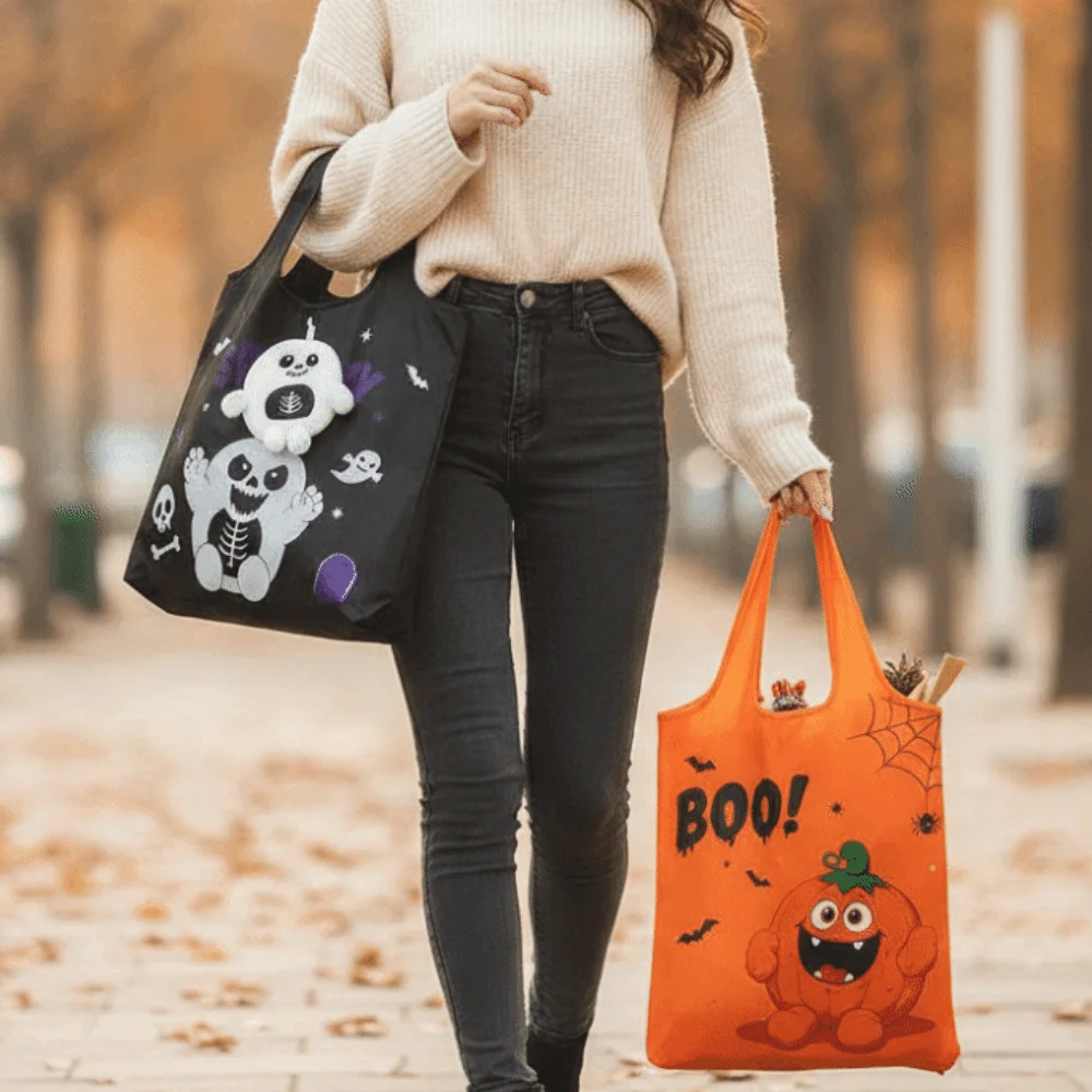 Solid Color Halloween Grocery Tote Space-Saving Mini Cartoon Pocket Handbag Tear-Resistant Large Capacity Foldable Shopping Bag