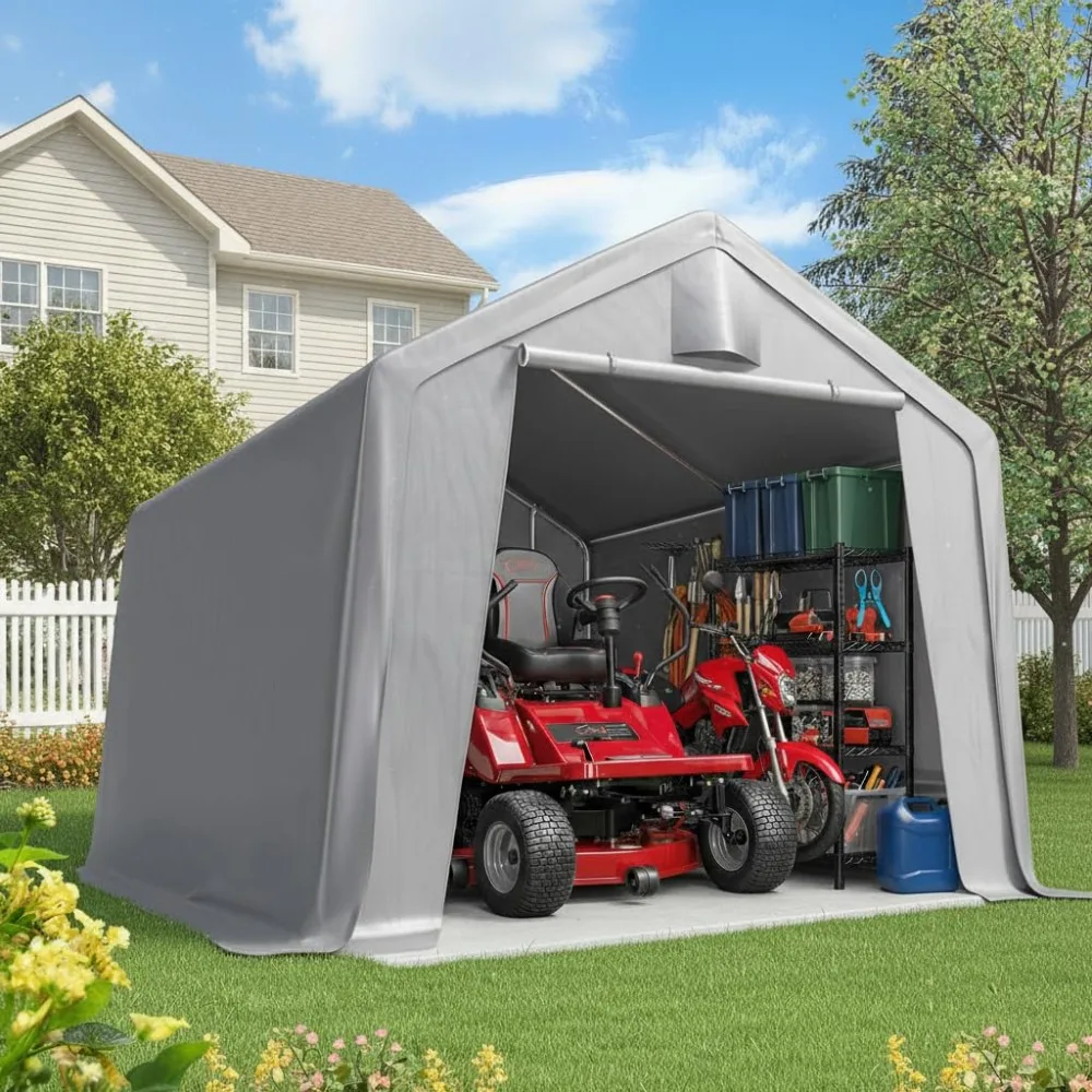 

10x12FT Large Outdoor Storage Shed Workshop Shelter with Roll-Up Mesh Windows, Heavy Duty Portable Garage, Customized