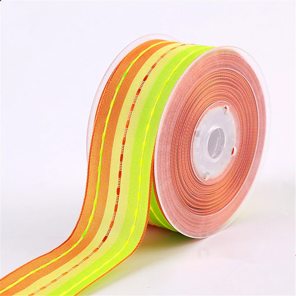 

38mm 25Yards Wired Edges Yellow Orange Stripes Ribbon Stitched Line for Birthday Christmas Gift Box Wrapping Decoration DIY40