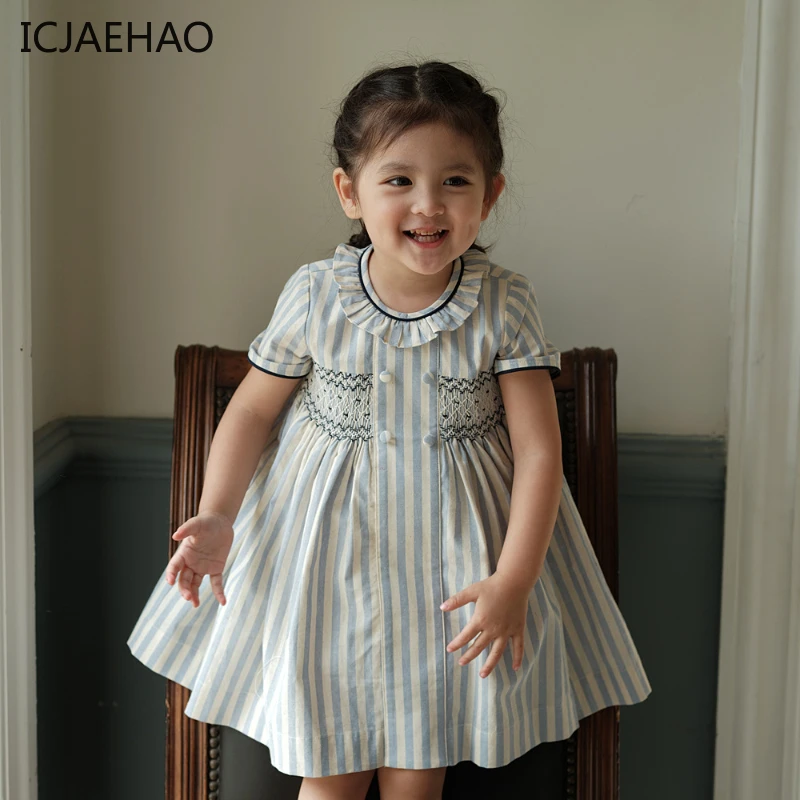 ICJAEHAO 2024 Girl Dress Kids High-end Princess Navy Style Short Sleeve Cotton Outfit Holiday Spring and Summer Matching Clothes