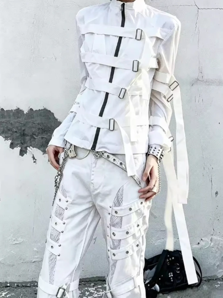 Y2K Retro Solid Color Stand Collar Buckle Strap Jacket High Street Slim Fit Long Sleeve Outerwear Punk Bandage Streetwear Coat