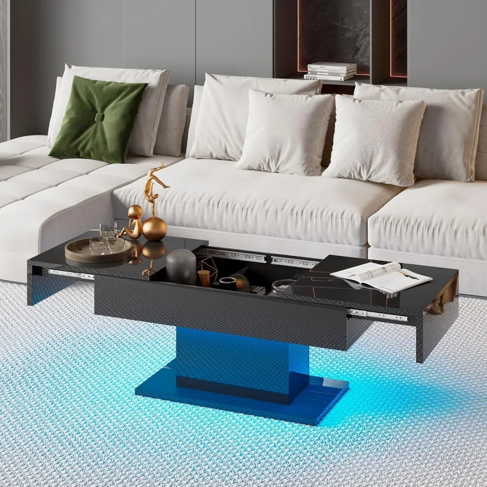 Black LED Coffee Table with Storage for Living Room, Living Room Table Rectangular Center Table, Modern High Glossy Wooden Coffe