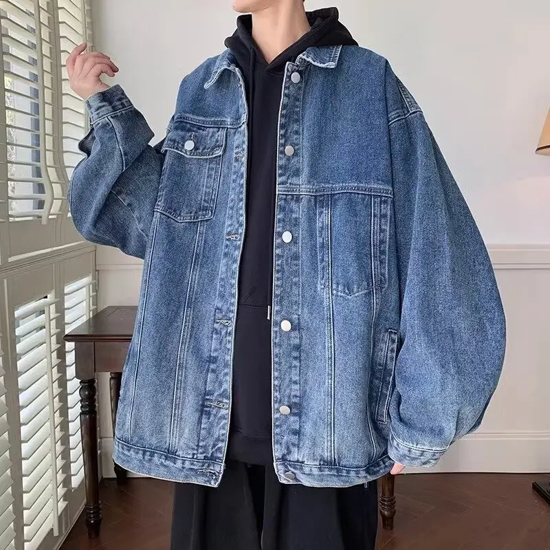 

Men Denim Jacket Men Jacket Retro Hip Hop Style Denim Jacket with Multi Pockets Plus Size Men Coat for Casual Streetwear