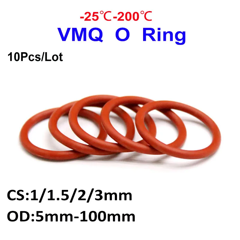 

10Pcs/Lot CS1/1.5/2/3mm Red Silicon Ring Silicone VMQ O Ring Rubber O-Ring Seal Gaskets Oil Ring Washer OD5 ~ 100mm