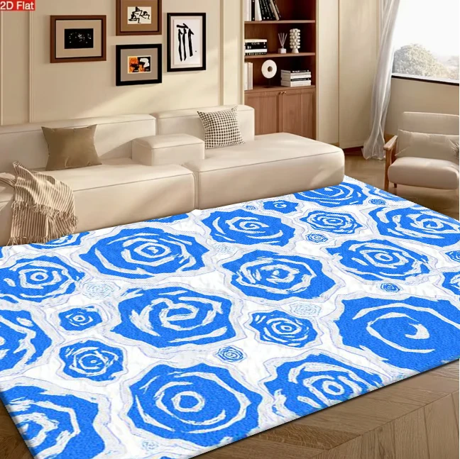 Carpet Flooring Vintage Blue Rose Floral Pattern Home Decorative Area Rug for Living Room Bedroom Interior Decor Mat