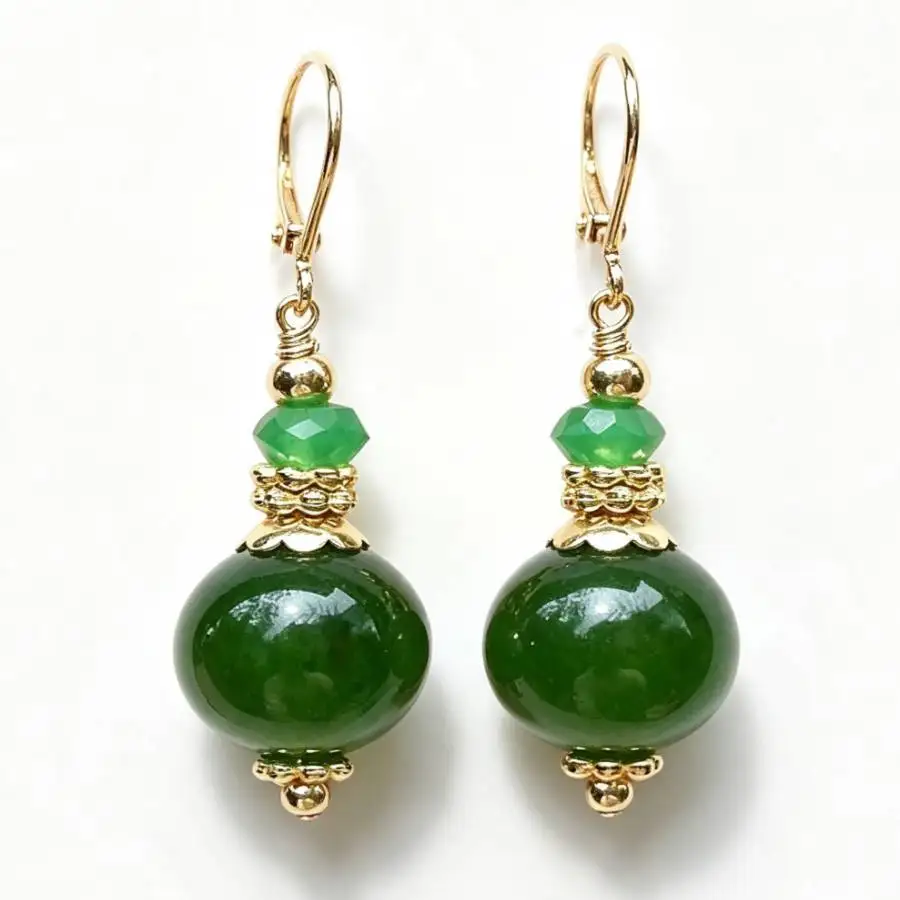 Women Green Jade Round Bead Dangle Leverback Earrings Gold Clasp Drop Earrings Chinese Vintage Hanfu Elegant