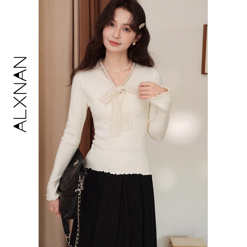 

ALXNAN Women's Pullover French Apricot Slim-fit V-neck Lace Bow Sweaters Fall Winter Base Elegant Flared Sleeve Knit Tops L59613
