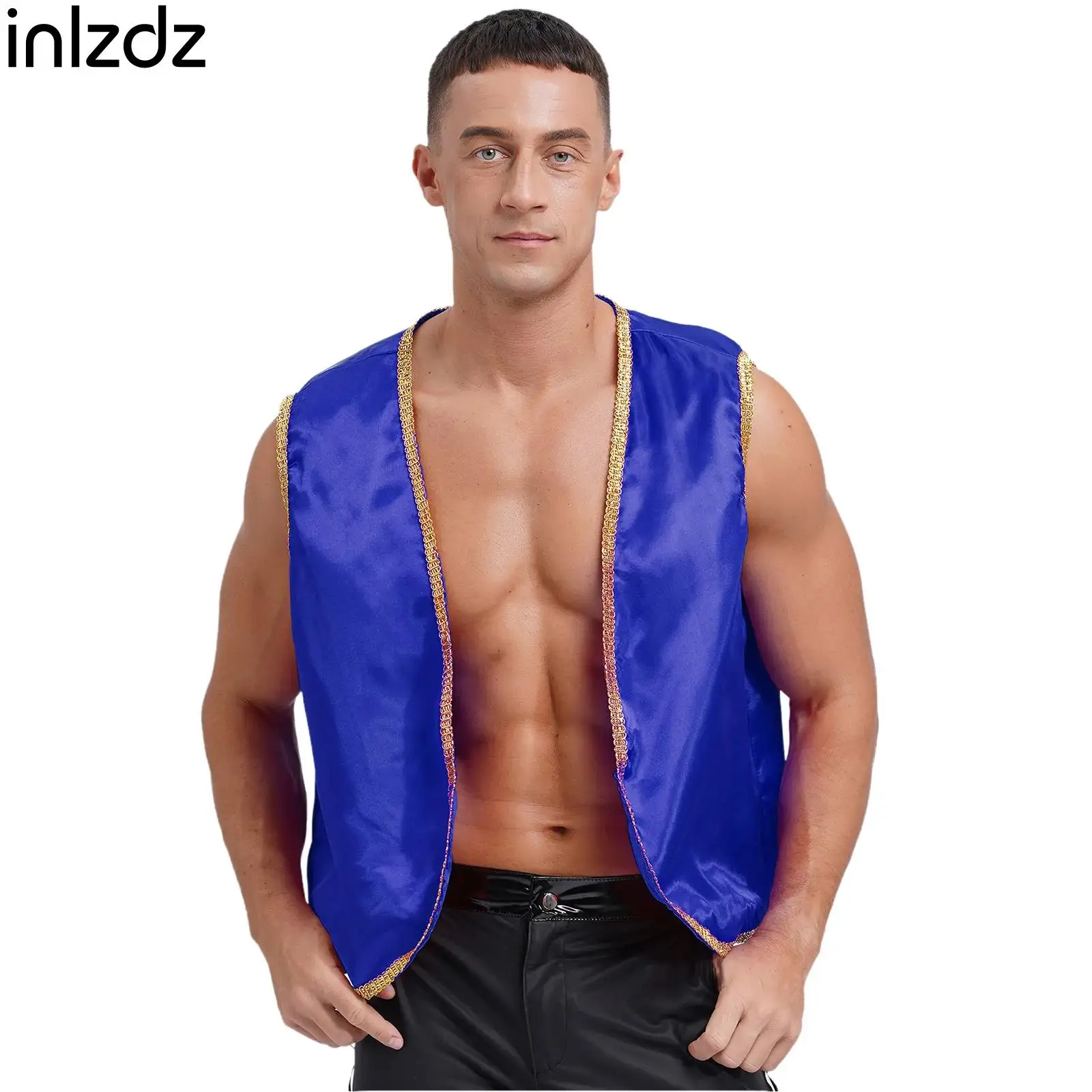 Mens דלוקס נסיך ערבי כתם אפוד מבריק חזייה הודית ערבי קוספליי תחפושת מסקרניבלים Halloween מועדון תחפושת