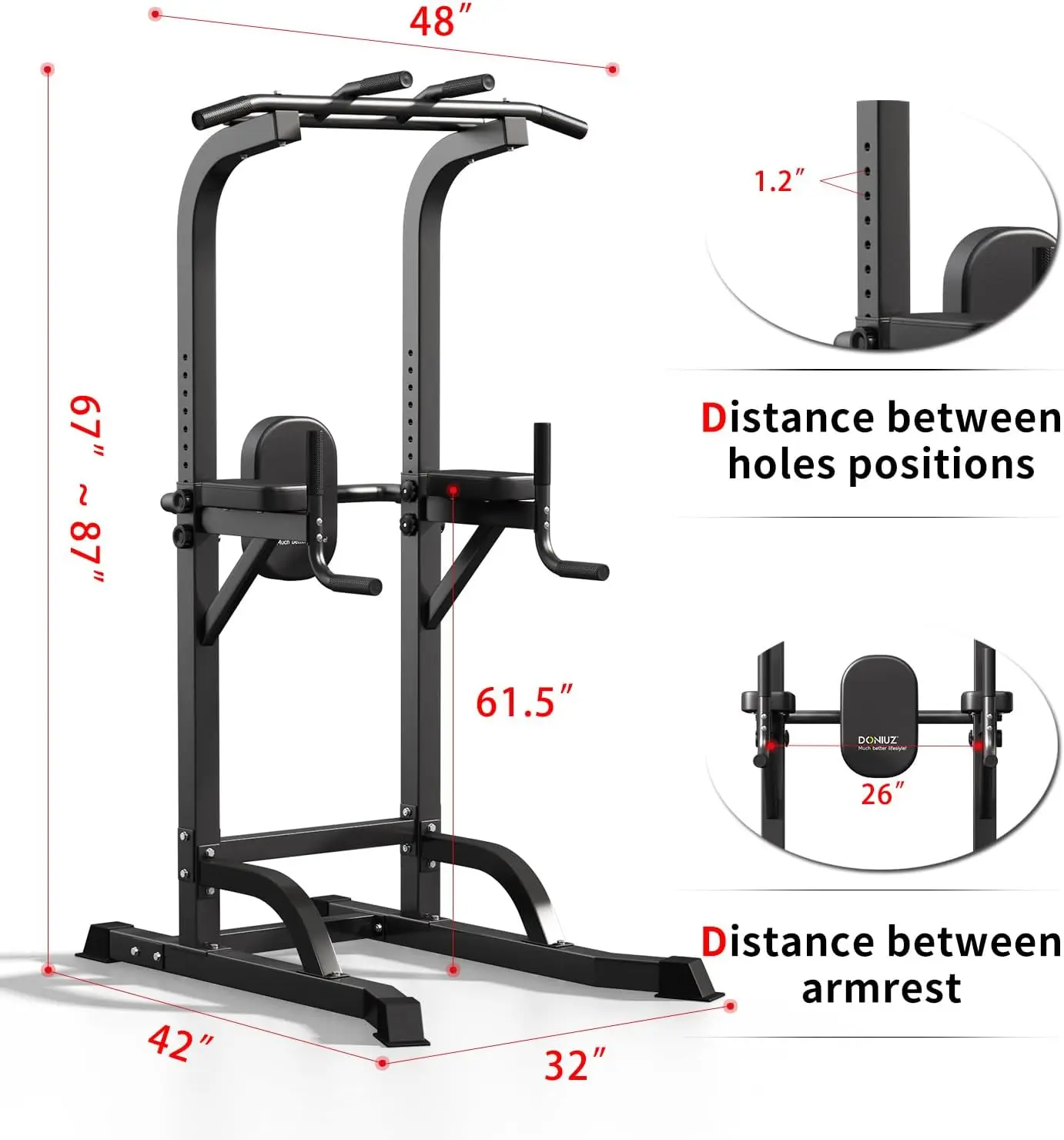 Multi Function Power Tower Pull Up Bar, Dip Station Fitness Stand, Home Gym Strength Training Equipment, Height Adjustable Body Workout Frame, Modern Minimalist Style, Black, Single Set