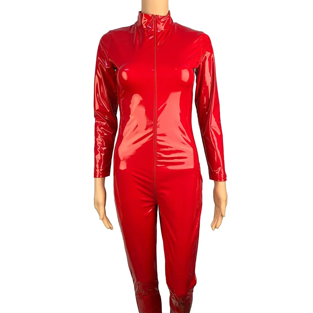 Brilhante pvc catsuit boate festa sexy macacões eróticos manga longa zíper aberto virilha bodysuit apertado couro molhado olhar bodysuits