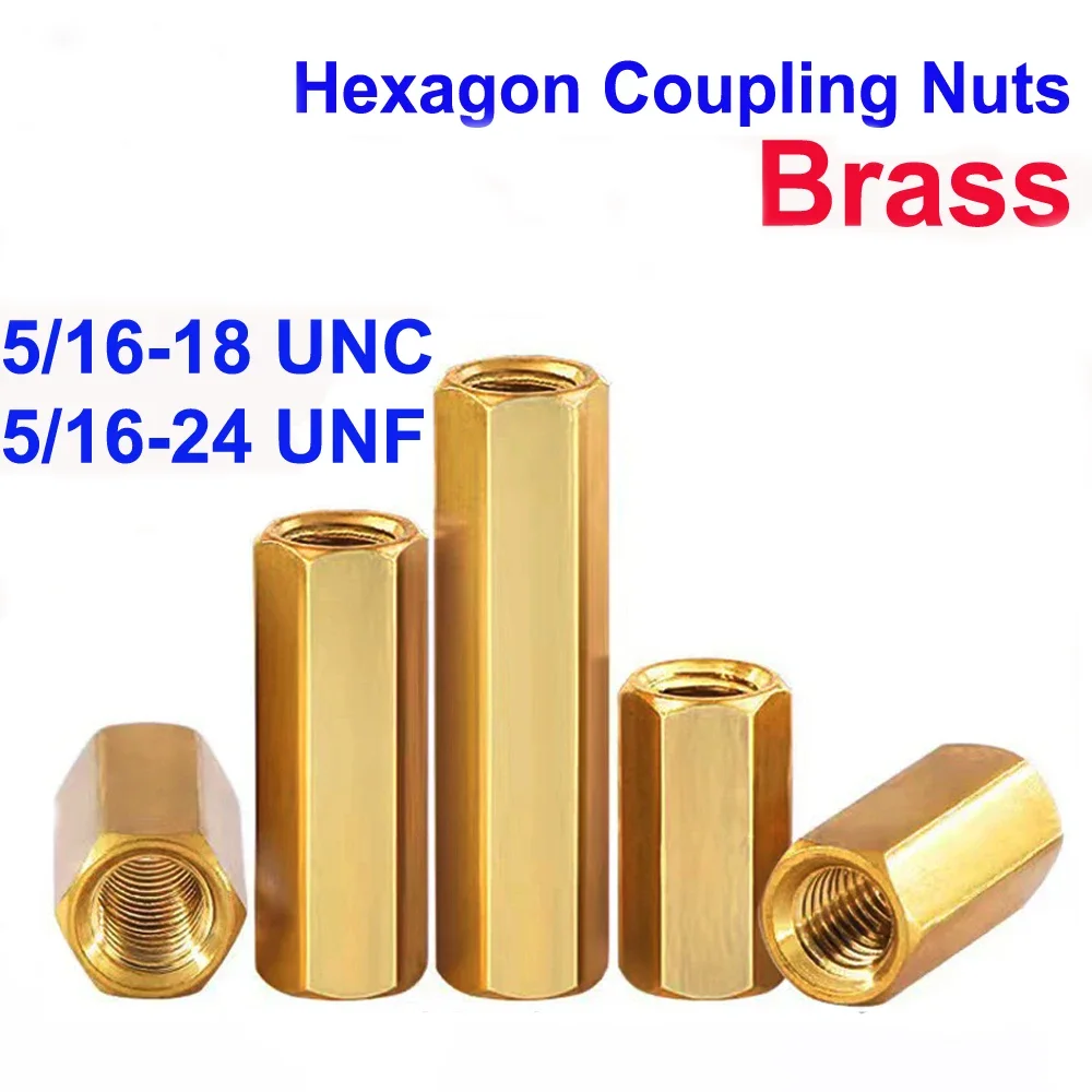 

5/16-18 UNC 5/16-24 UNF Brass Hex Coupling Nut | Heavy Duty Thickened Sleeve | Threaded Rod Joiner Fastener for Machinery