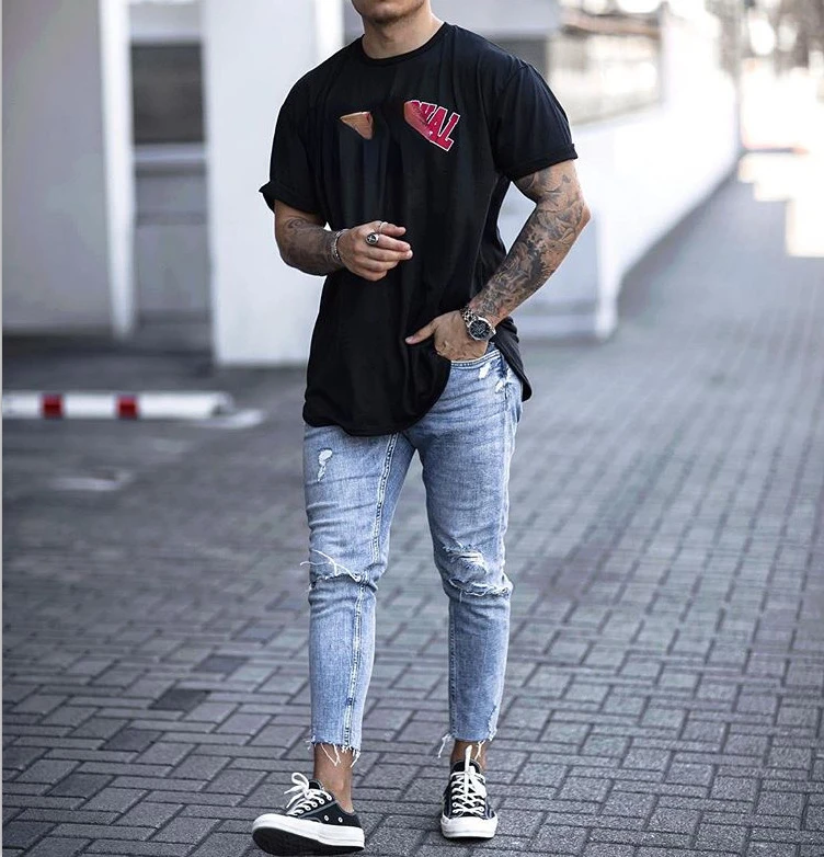 

European and American Men's Ripped Slimming Tight Jeans for Autumn and Winter, Fashionable Street Nine-minute Slim-fit Pants