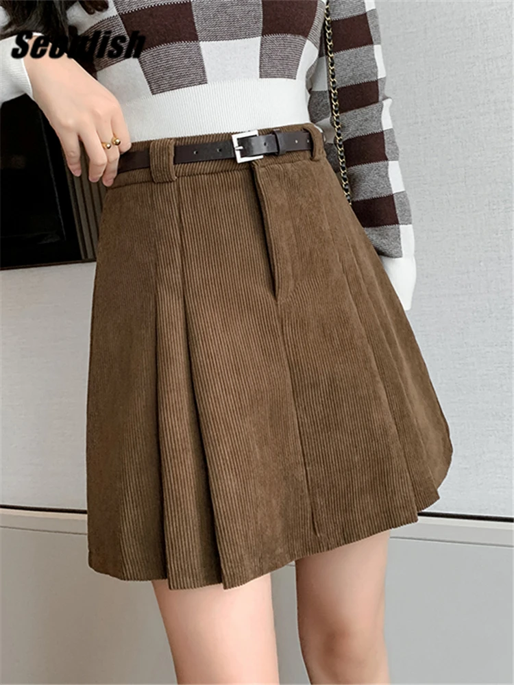 

Seoulish Autumn Winter Corduroy Women Sexy Mini Skirts with Belted 2023 New High Waist Classic Pleated A-Line Short Skirt Female