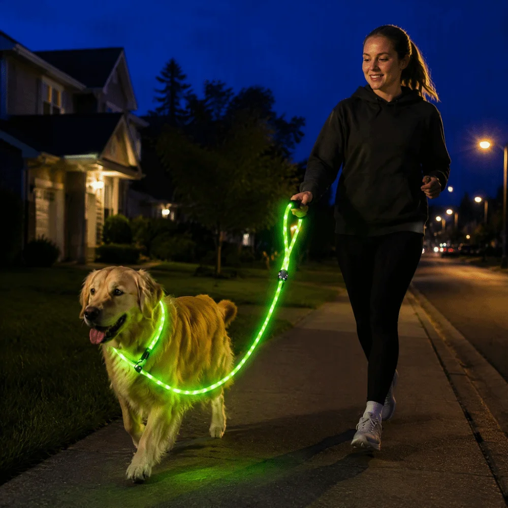 USB Charging LED Dog Leash Spiral Braided Nylon Super Bright LED Luminous Pet Leash Multiple Light Modes Soft Foam Handle