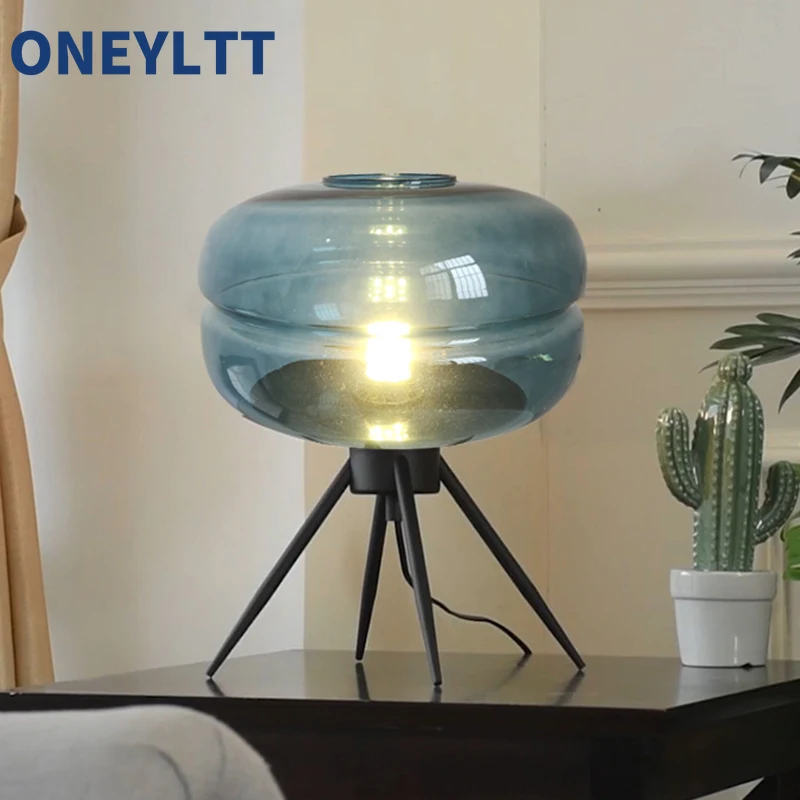 Nordic simple iron Smoke gray blue amber glass lighting LED living room decoration table lamps bedroom bedside desk lights