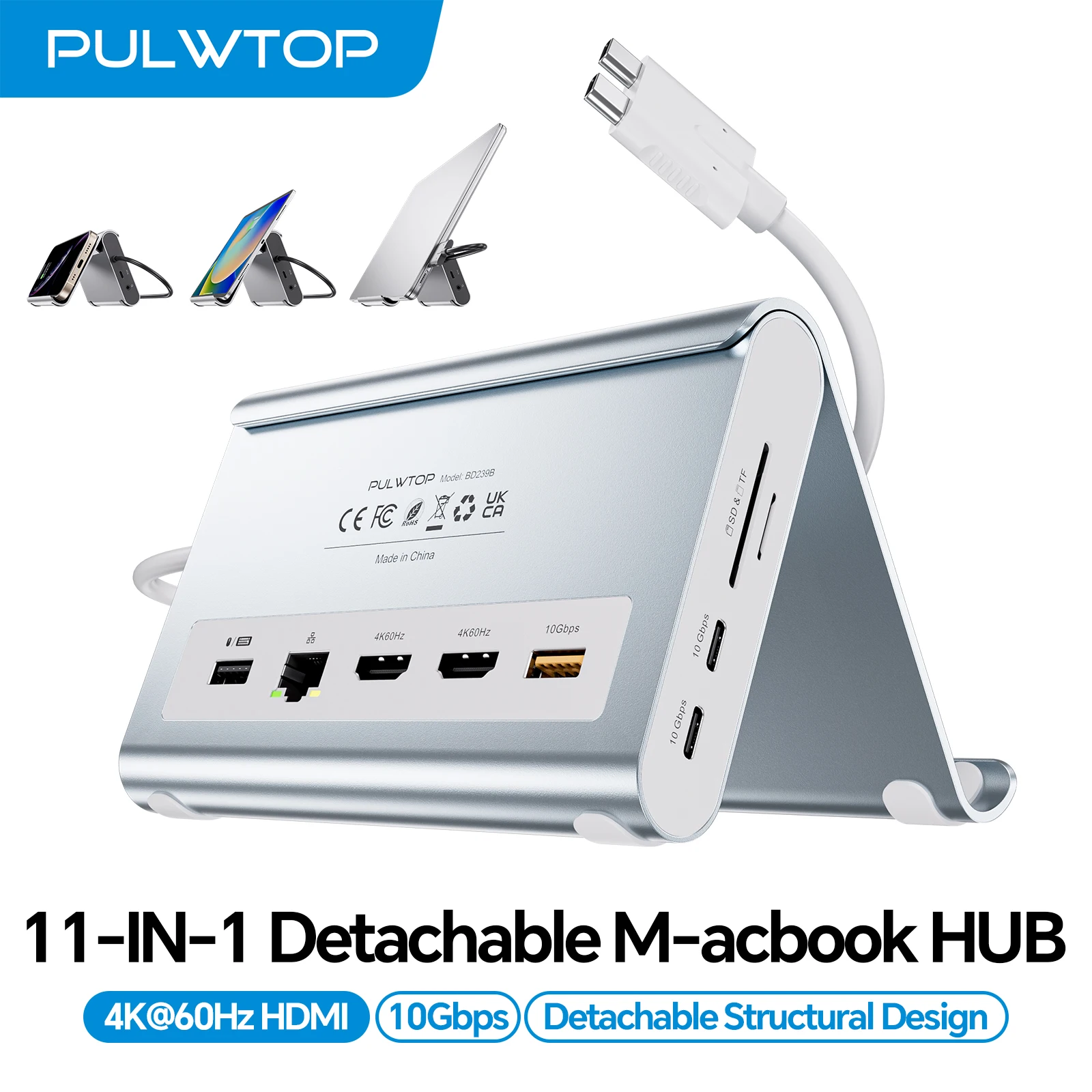 PULWTOP 11-in-1 MacBook USB C Dock Stand with 2x 4K@60Hz, 100W PD, RJ45,10Gbps Data, SD/TF, Audio, USB 2.0 for MacBook Pro/Air
