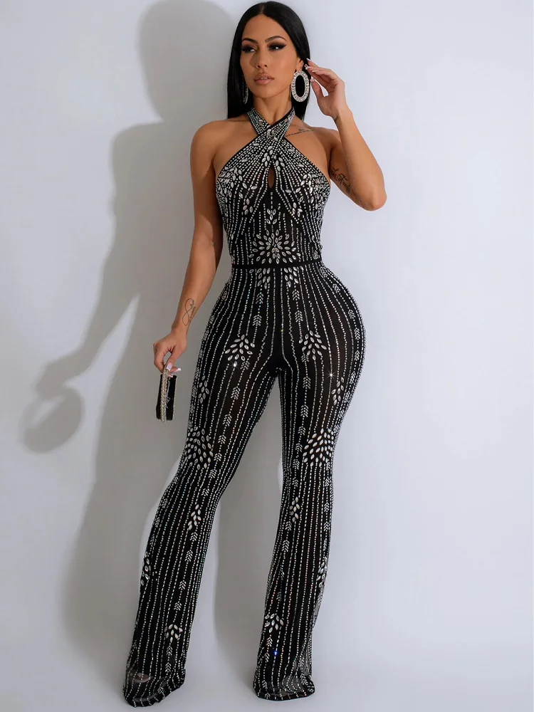 Solid Color Sleeveless Jumpsuit for Women 2024 Sexy Neck Hanging Hot Diamond Tight Fitting Female Jumpsuit for Commuting/Parties