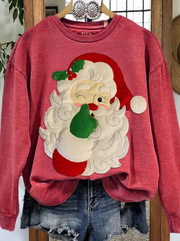 Drauuing Christmas Print Women Round Neck Top Santa Claus Patchwork Long Sleeve Hoodies Autumn Winter Female Party Pullovers New
