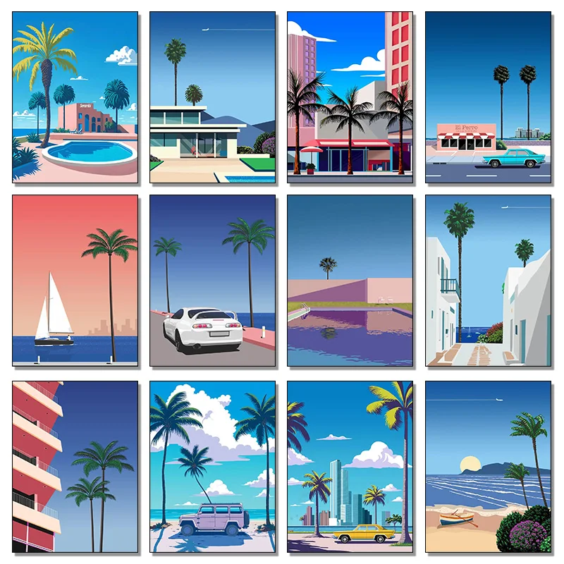 1pc frameless Canvas Painting Nordic Hiroshi Nagai Vaporwave Japan Beach City Summer Wall Art Canvas Painting And Prints Post