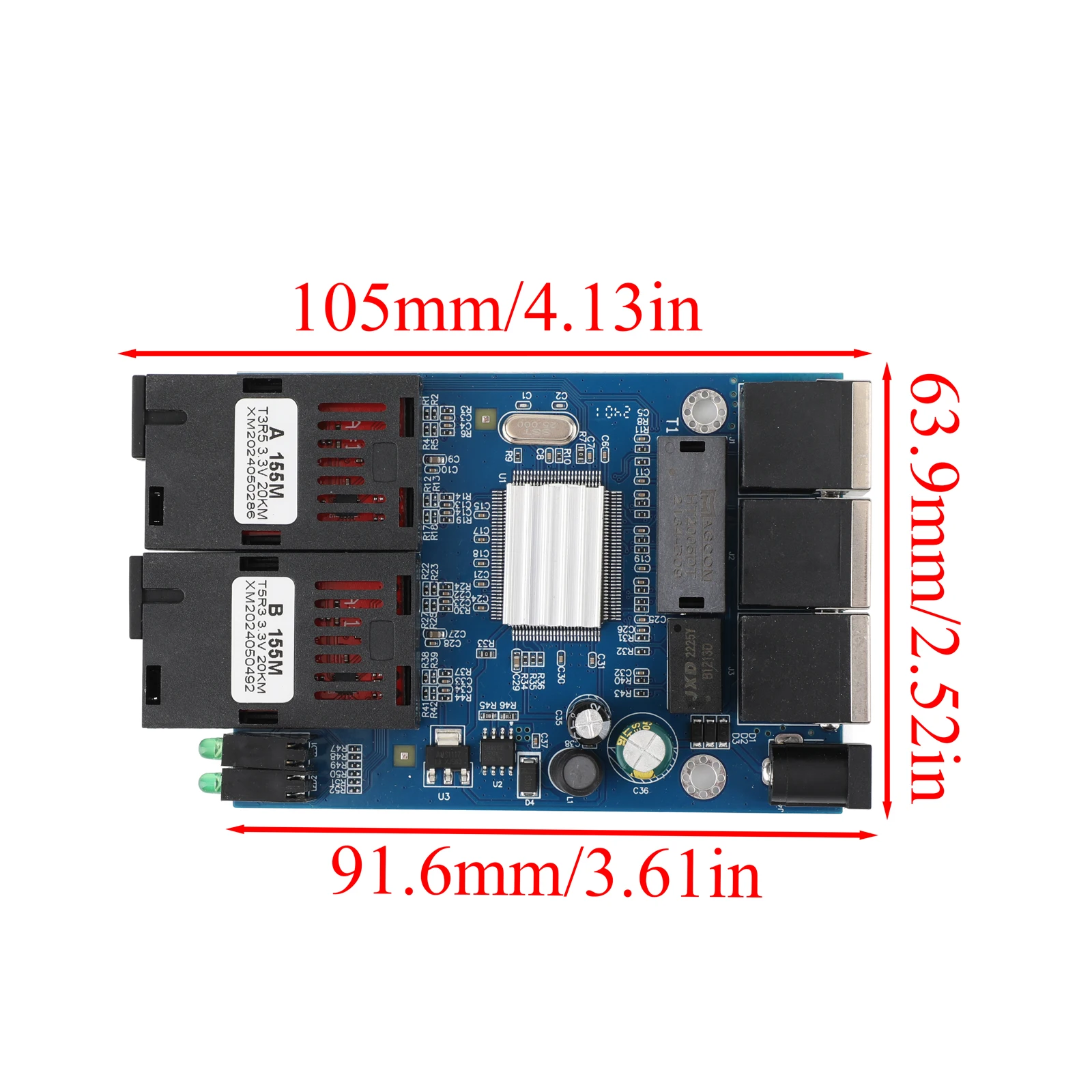 PCBA Board 10M/100M Fiber Media Converter 2 SC to 3 RJ45 A+B Fiber Connectors 1310nm/1550nm Ports 20KM Ethernet Switch