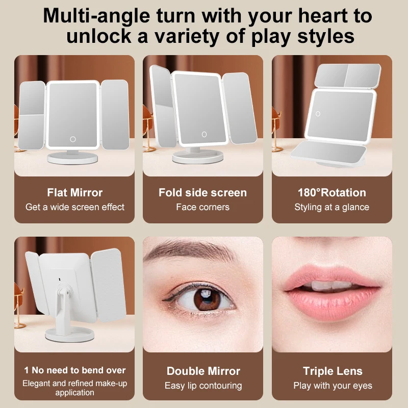 Three Folding Makeup Mirror Led Fill Light Magnified Mirror USB Rechargeable 3 Gears Light Color Rotating Storage Vanity Mirror