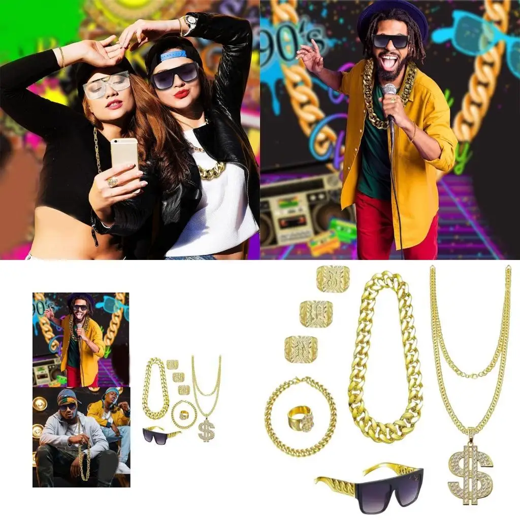 

39BD Hip Hop Costume Dollar Sign Pendant Necklace Dollar Rings Sunglasses Necklace