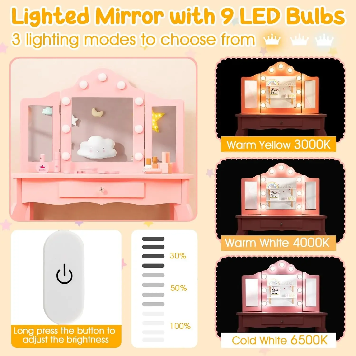 Kids Vanity, Girls Vanity Set with Mirror and Stool and Lights, Drawer, 2 in 1 Wooden Princess Makeup Desk Dressing