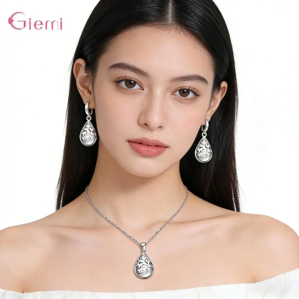 

Vintage 925 Sterling Silver Waterdrop Shape Moonstone Totem Necklace Earrings Set for Women Girls Wedding Party Jewelry Gifts