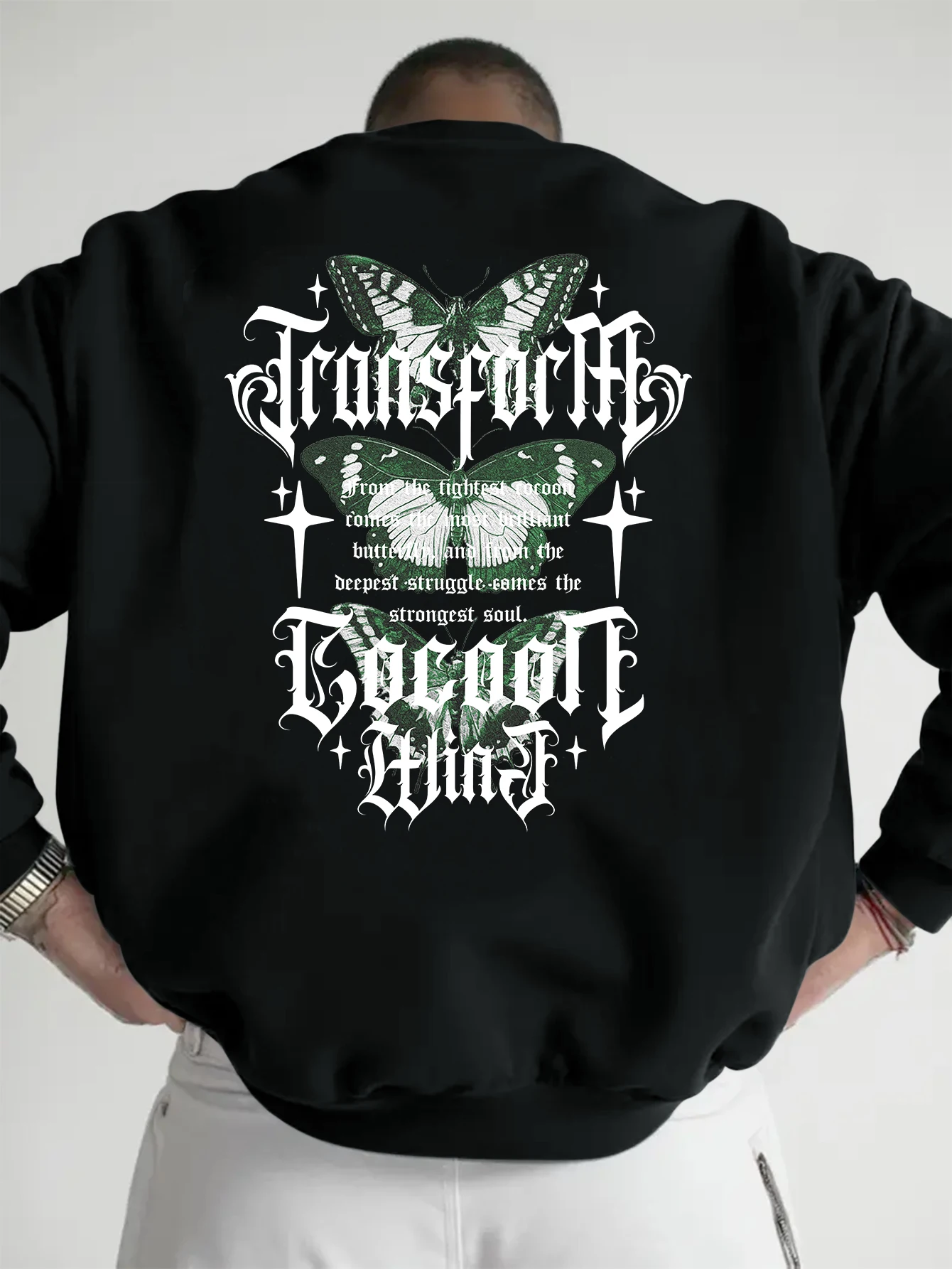 Men Black Oversized Crew Neck Pullover, Back Green White Butterfly Gothic 