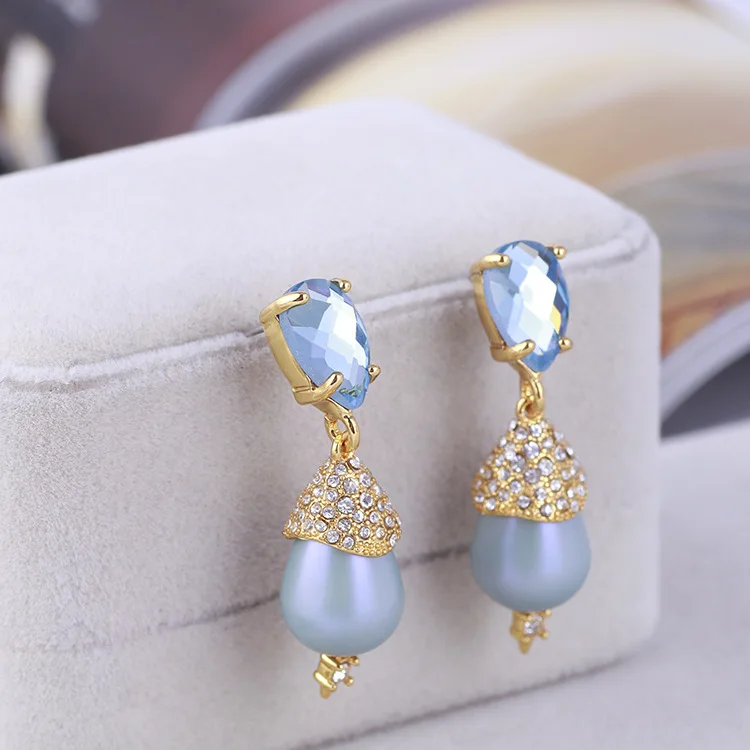 Qingdao Jewelry Wholesale Fashion Drop-Shaped Blue Crystal Inlaid Artificial Pearl Earrings Jewelry For Woman 2022 Trend