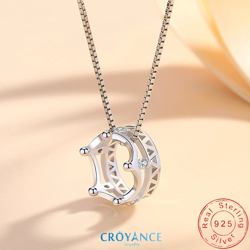 925 Sterling Silver Crown Zircon Pendant Necklaces Women Jewelry Birthday Gift Fashion Rhinestone Choker Multiple Length Choice