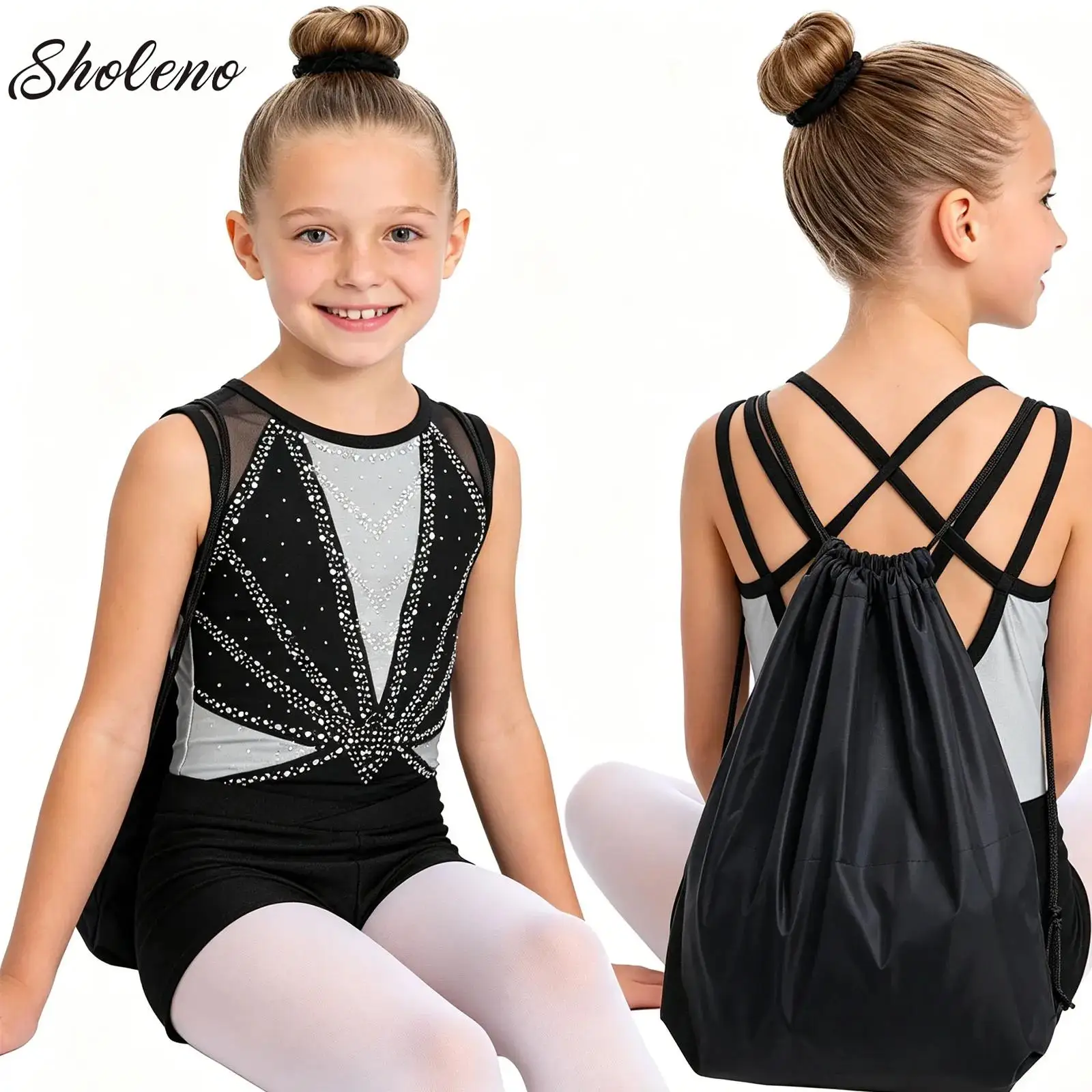 

Kids Girls Shiny Ballet Jersey Leotards Bodysuit Shorts Hairband Bag Suit Gymnastics Artistic Figure Skating Performance Costume