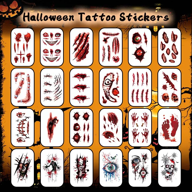 24Pcs Halloween Horror Glow-in-the-Dark Waterproof Temporary Tattoo Sticker, Parties and Role-playing Makeup, For Face Arm