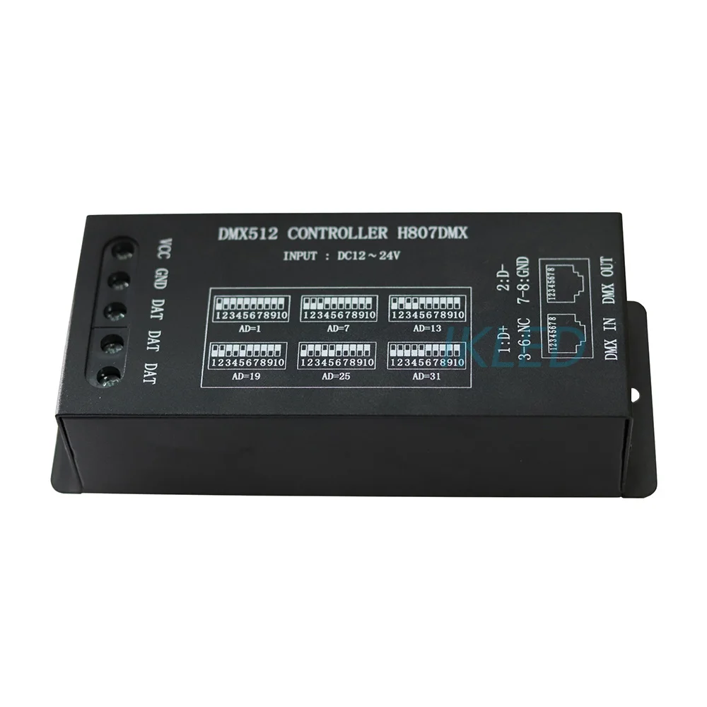 DMX512 controller,connect to DMX512 console,support WS2812,WS2813,UCS1903,etc.13 DMX channels per device,control max 1024 pixels