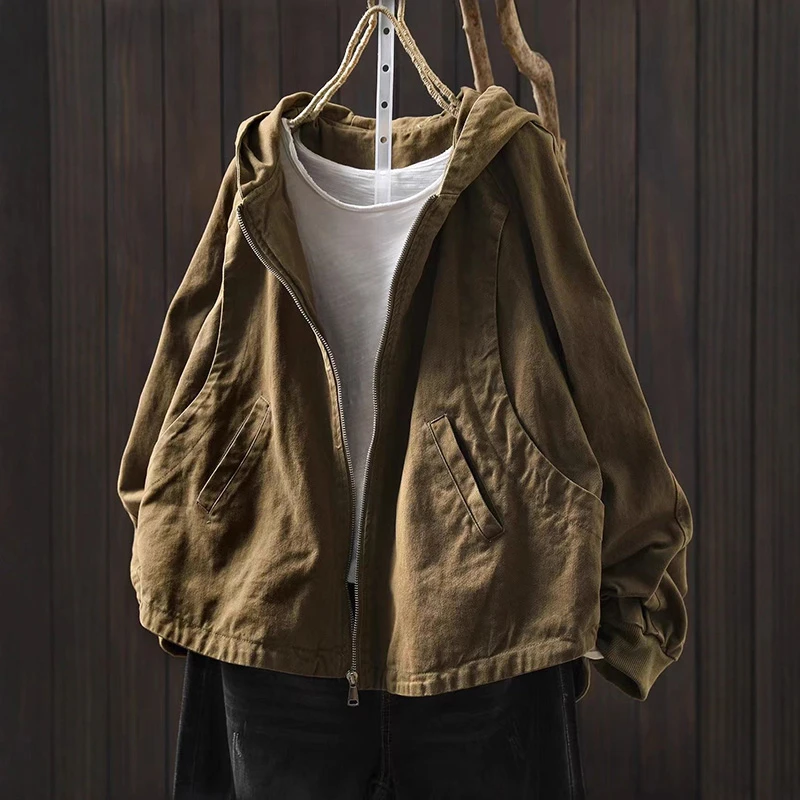 

Women Long Sleeve Hooded Jackets New Arrival 2025 Autumn Simple Style Solid Color Loose Female Casual Outerwear Coats T764