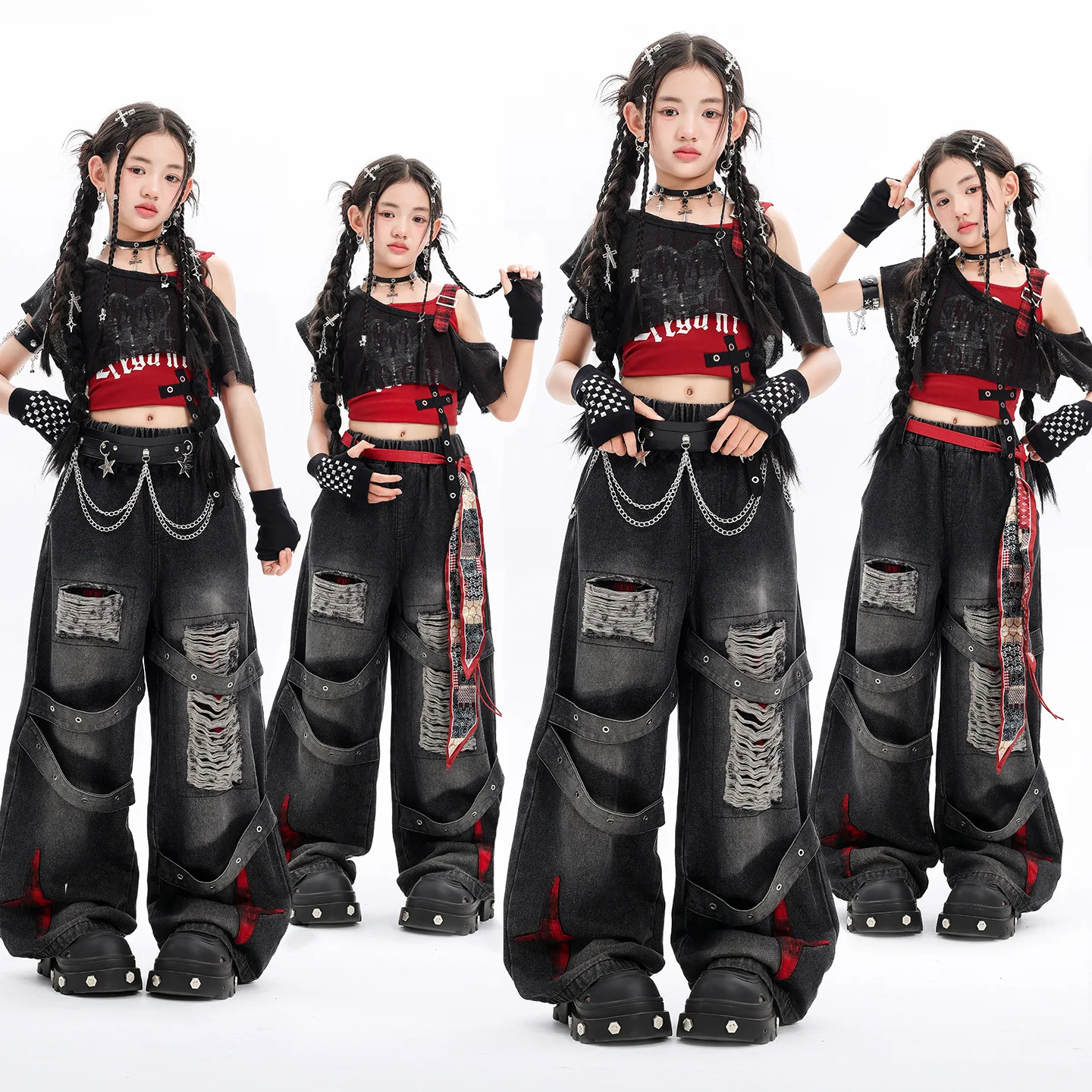 Girls Hip Hop Black Smock Gothic Vest Ripped Jeans Kids K-pop Denim Pants Street Dance Clothes Sets Children Girl Group Costumes