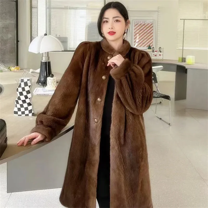 2023 New Danish Fur Coat Women's Foreign Style Stand Collar Mink Velvet Overcoat High End Temperament Thick Warm Long Fur Jacket