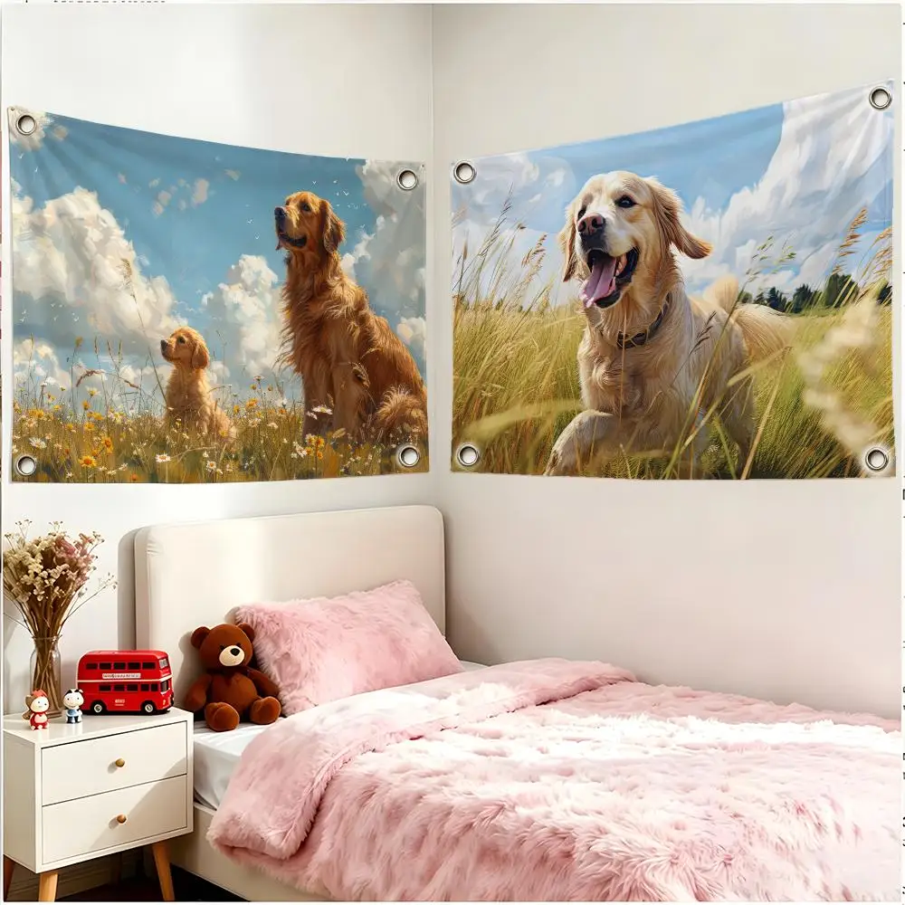 Adorable Canine Golden Retriever Flags Borderless Four Ring Ornament Indoor Outdoor Decoration Quick Hang Install