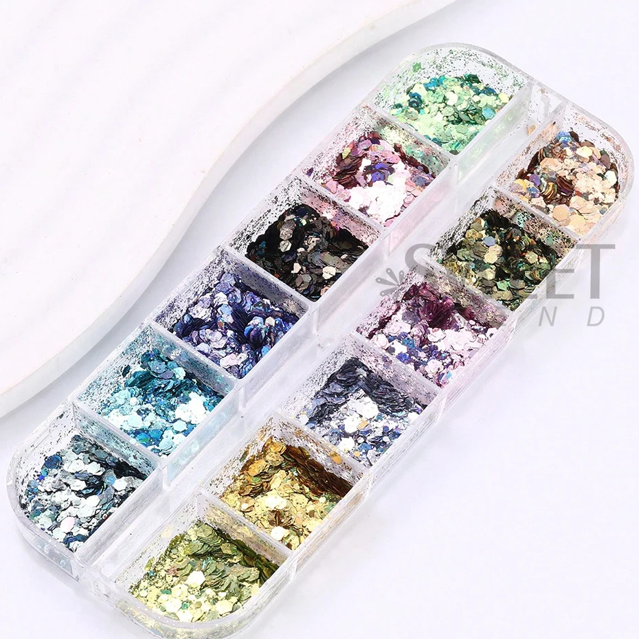12 Grids Iridescent Nail Art Sequins Laser Mirror Hexagon Glitter Flake Paillette Holographic Spangles DIY Manicure Decor Slices