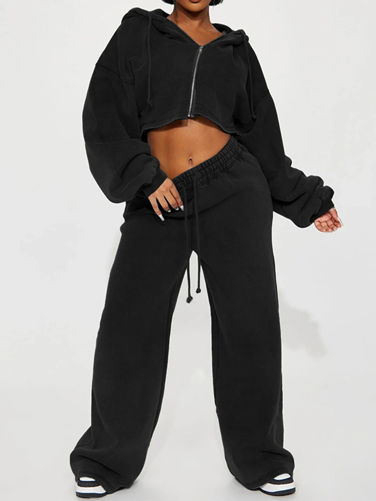 JENYAGE Oversized Zweiteiler-Set für Damen, weicher, einfarbiger, bequemer Crop-Hoodie mit Reißverschluss und Kordelzug, weite Jogginghose, Streetwear-Trainingsanzug – Detail 9