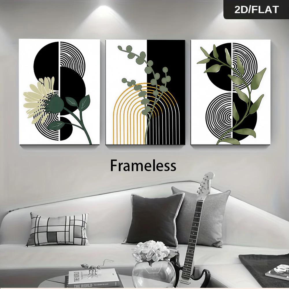 1 set of modern minimalist triptych frameless decorative paintings, abstract geometry, plants, flowers, 2D plan