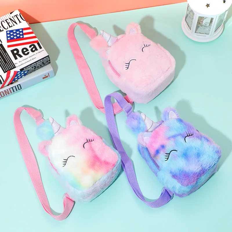 Unicorn Cartoon Crossbody Bag Girls Velvet Coin Purse Children's Chest Bag Shoulder Bag Velvet Material Spring Season