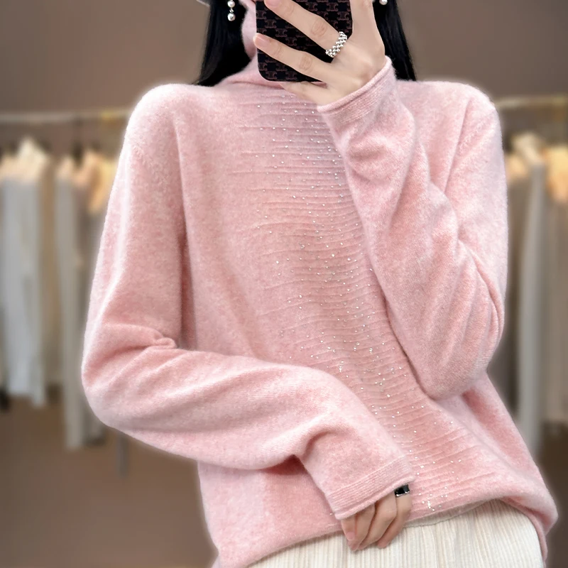 Spring And Autumn New 100% Pure Woolen Sweater Pile Collar Long-Sleeved Pullover Sweater Women's Clothing Blouse -WRM094