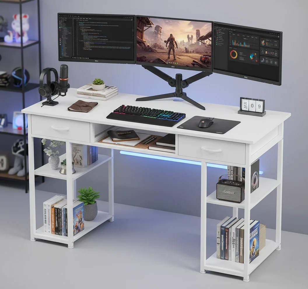 Gaming Desk with Storage Drawers, Spacious Study & Workstation Table for Dorm Rooms or Home Offices
