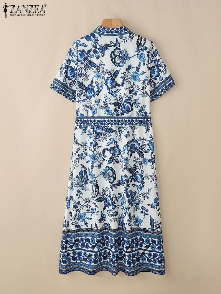 ZANZEA Women Fashion Floral Printing Maxi Dresses Elegant Tie Waist Short Sleeve Collared Shirt Dress Summer Casual Vestidos