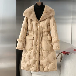 High Level Mink Down Coat Winter Fashion Flower Embroidery Drawstring White Goose Down Parka Female Slim Warm Puffer Coats