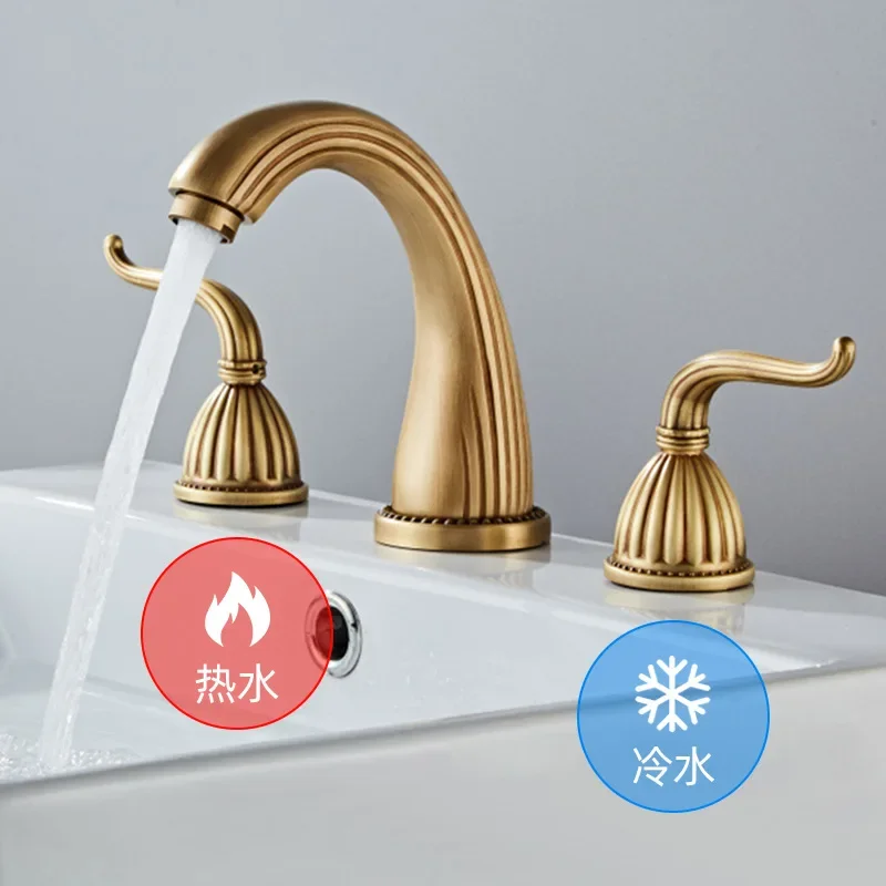 French Retro All-Copper Basin Faucet Set: 3 Piece Bathroom Vanity with Split Three-Hole Hot/cold Water Splash-Resistant Faucet